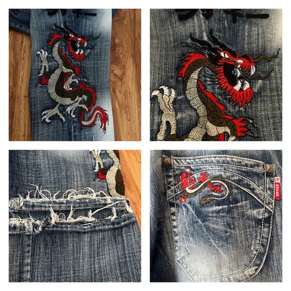 Mondo Red Dragon Embroidered Distressed Relax Fit Jeans Men Size 36 - Picture 8 of 13